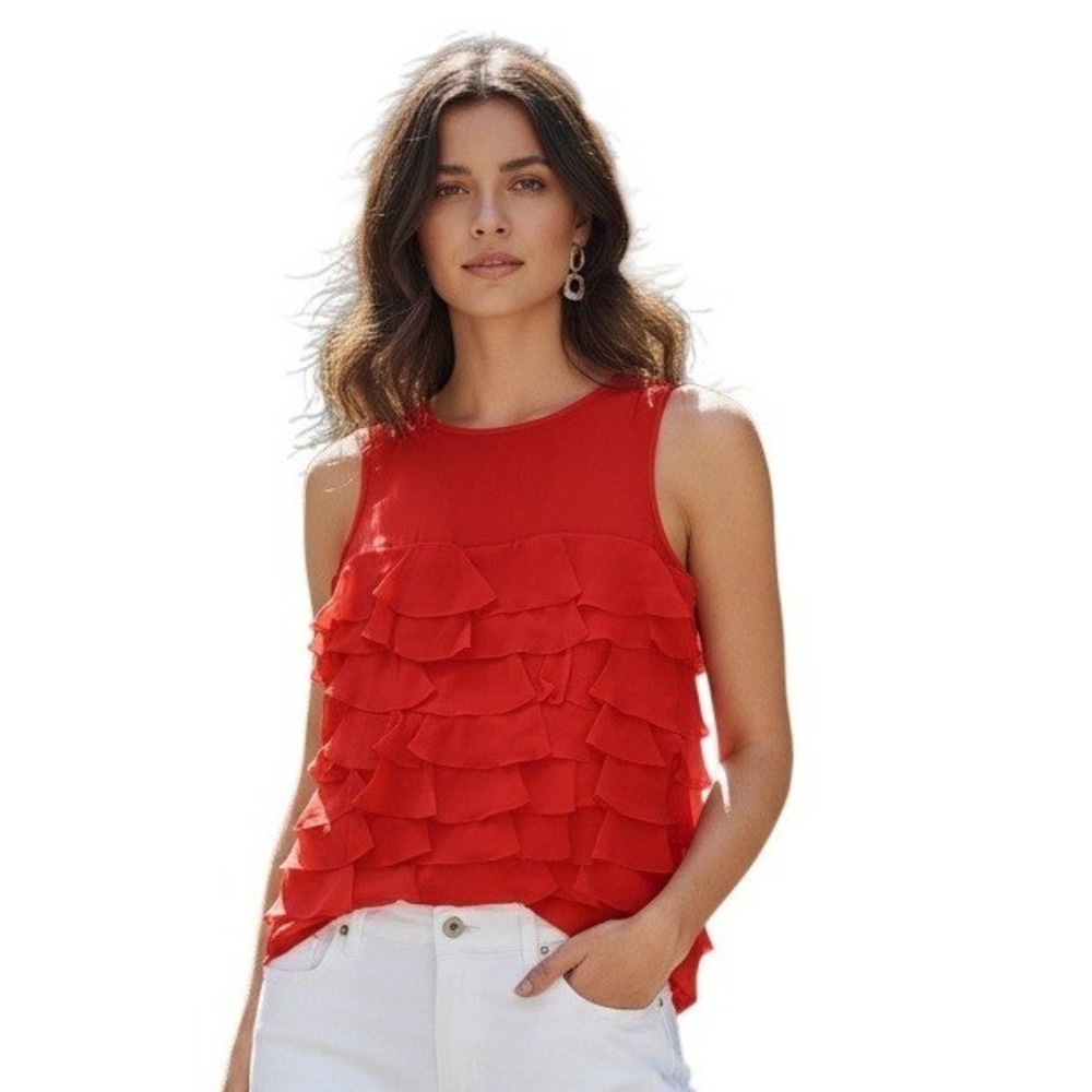 DKNY 100% Silk‎ Tiered Ruffle Front Red Orange 6 NWOT Feminine Sleeveless Blouse